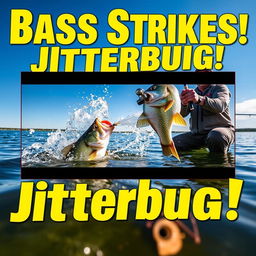 A high-resolution vertical YouTube Shorts thumbnail in 9:16 format showcasing an exhilarating bass strike scene featuring an angler positioned on the shore, holding a fishing rod with determination