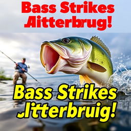 A high-resolution vertical YouTube Shorts thumbnail in 9:16 format showcasing an exhilarating bass strike scene featuring an angler positioned on the shore, holding a fishing rod with determination