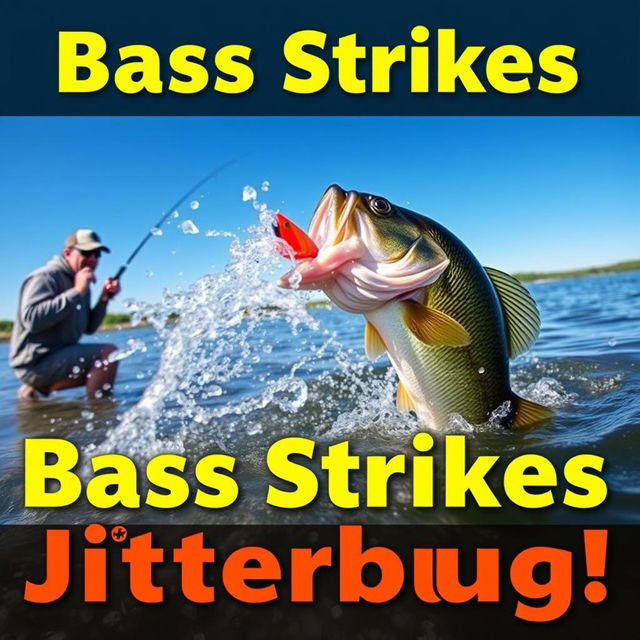 A high-resolution vertical YouTube Shorts thumbnail in 9:16 format showcasing an exhilarating bass strike scene featuring an angler positioned on the shore, holding a fishing rod with determination