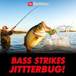 A high-resolution vertical YouTube Shorts thumbnail in 9:16 format showcasing an exhilarating bass strike scene featuring an angler positioned on the shore, holding a fishing rod with determination