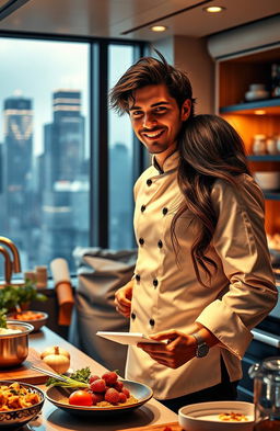 A captivating romance novel cover featuring a charming playboy billionaire chef with tousled dark hair and a confident smile, wearing a stylish chef's jacket