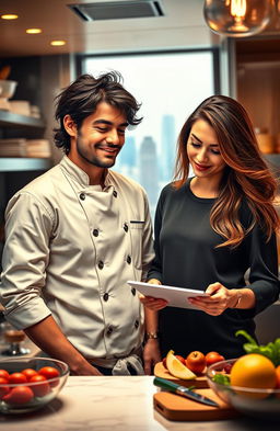 A captivating romance novel cover featuring a charming playboy billionaire chef with tousled dark hair and a confident smile, wearing a stylish chef's jacket