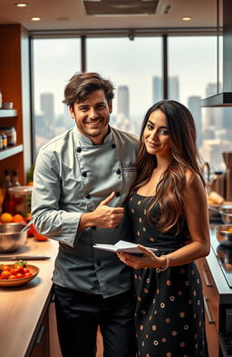 A captivating romance novel cover featuring a charming playboy billionaire chef with tousled dark hair and a confident smile, wearing a stylish chef's jacket