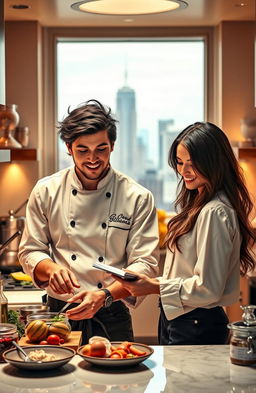 A captivating romance novel cover featuring a charming playboy billionaire chef with tousled dark hair and a confident smile, wearing a stylish chef's jacket