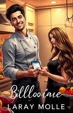 A captivating romance novel cover featuring a handsome billionaire chef, exuding charisma and charm, with dark hair and a playful smile, standing in a luxurious kitchen filled with gourmet ingredients