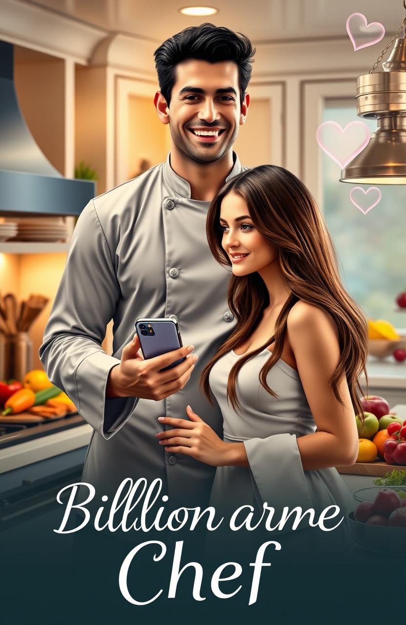 A captivating romance novel cover featuring a handsome billionaire chef, exuding charisma and charm, with dark hair and a playful smile, standing in a luxurious kitchen filled with gourmet ingredients