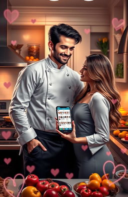 A captivating romance novel cover featuring a handsome billionaire chef, exuding charisma and charm, with dark hair and a playful smile, standing in a luxurious kitchen filled with gourmet ingredients