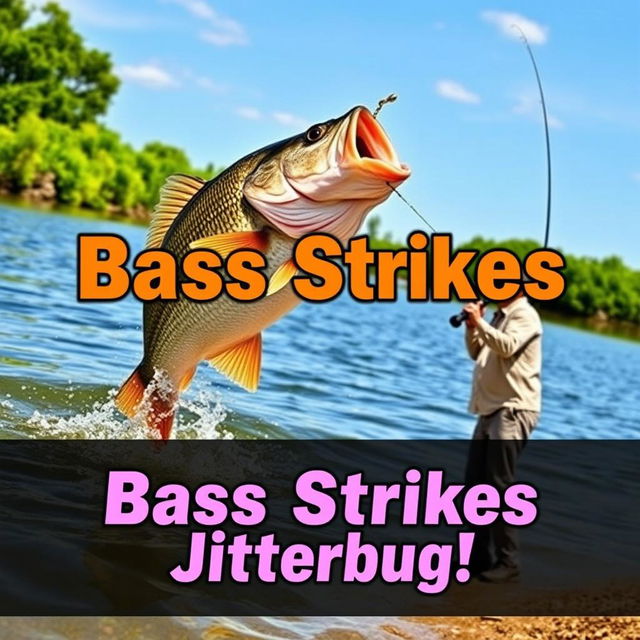 A high-resolution vertical YouTube Shorts thumbnail in 9:16 format showcasing a dynamic scene of a large bass striking a Jitterbug lure on the water surface