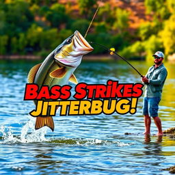 A high-resolution vertical YouTube Shorts thumbnail in 9:16 format showcasing a dynamic scene of a large bass striking a Jitterbug lure on the water surface