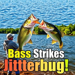 A high-resolution vertical YouTube Shorts thumbnail in 9:16 format showcasing a dynamic scene of a large bass striking a Jitterbug lure on the water surface