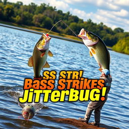 A high-resolution vertical YouTube Shorts thumbnail in 9:16 format showcasing a dynamic scene of a large bass striking a Jitterbug lure on the water surface