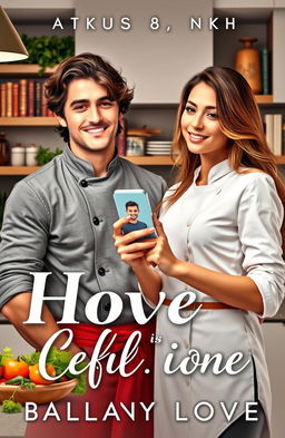 A captivating romance novel cover featuring a dashing chef standing in a chic, modern kitchen