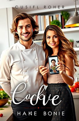 A captivating romance novel cover featuring a dashing chef standing in a chic, modern kitchen