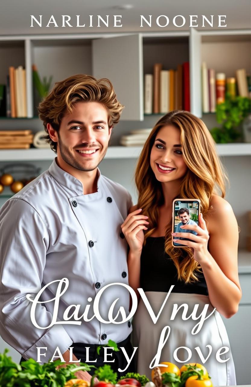 A captivating romance novel cover featuring a dashing chef standing in a chic, modern kitchen