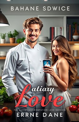 A captivating romance novel cover featuring a dashing chef standing in a chic, modern kitchen