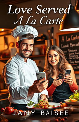 A passionate romance novel cover featuring a talented chef in a bustling kitchen, showcasing his skills as he prepares a gourmet dish