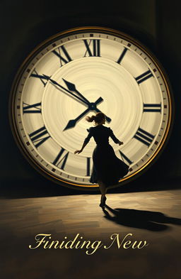 A dramatic classic painting inspired by the 1890s depicting a faceless woman running towards a large, blurred analog clock