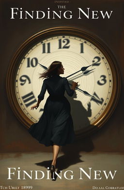 A dramatic classic painting inspired by the 1890s depicting a faceless woman running towards a large, blurred analog clock