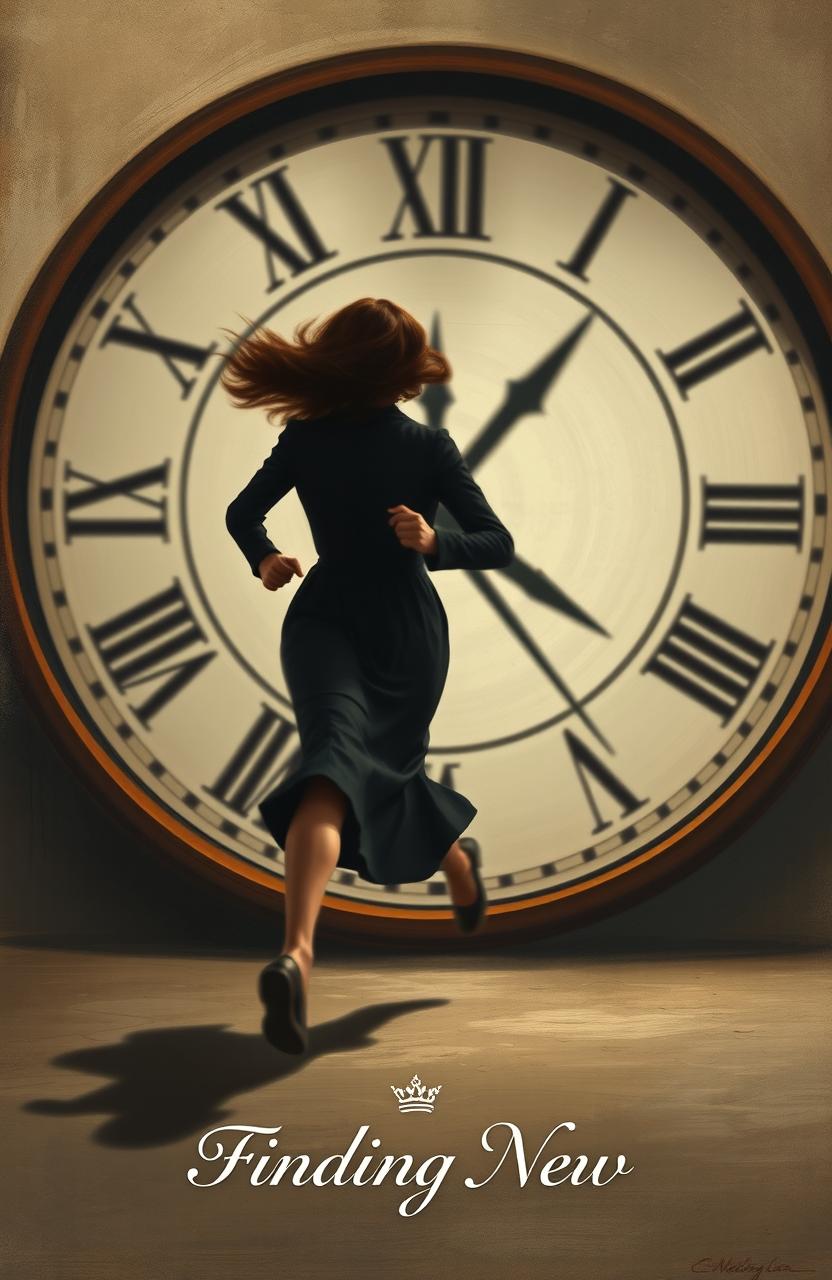 A dramatic classic painting inspired by the 1890s depicting a faceless woman running towards a large, blurred analog clock