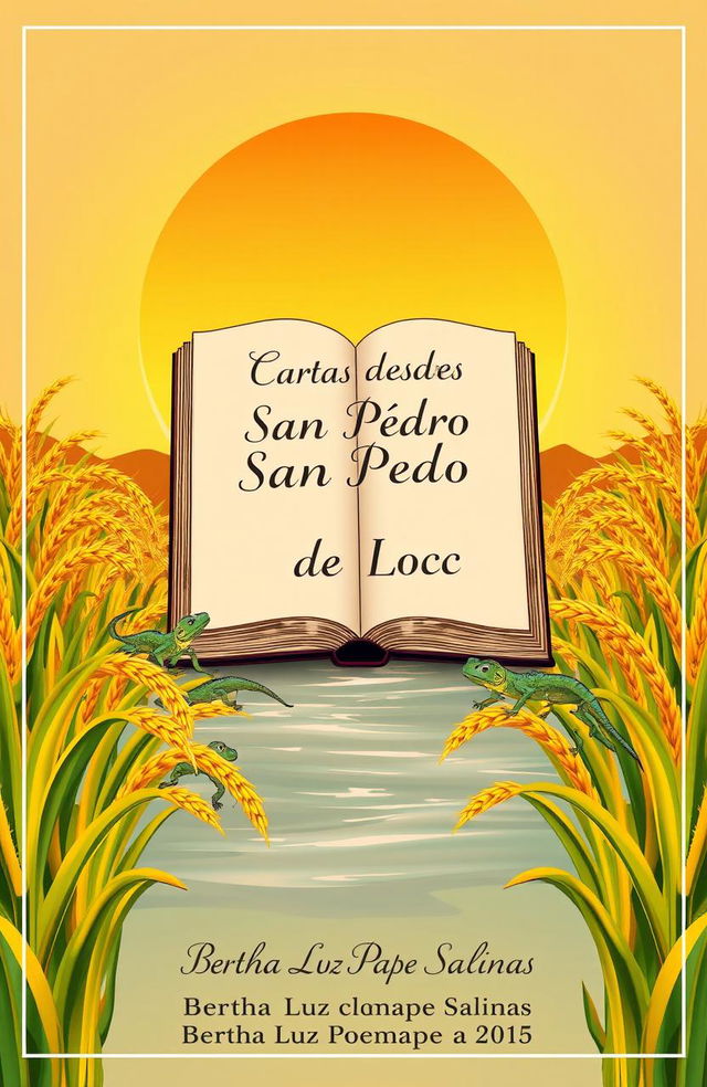 A book cover illustration featuring a large book in the foreground, displaying the title 'Cartas desde San Pedro de Llocc'