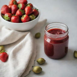 A scenic kitchen counter featuring a jar of strawberry jam, a bowl of pistachio cream, a kitchen cloth, and a few fresh strawberries placed artfully next to each other.