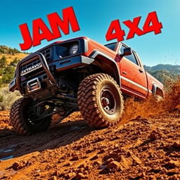 A rugged JAM 4x4 truck depicted in a dynamic off-road environment, showcasing its powerful build and robust features