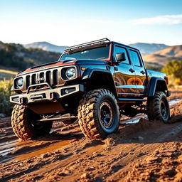 A rugged JAM 4x4 truck depicted in a dynamic off-road environment, showcasing its powerful build and robust features