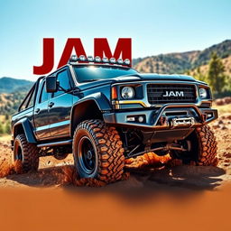 A rugged JAM 4x4 truck depicted in a dynamic off-road environment, showcasing its powerful build and robust features