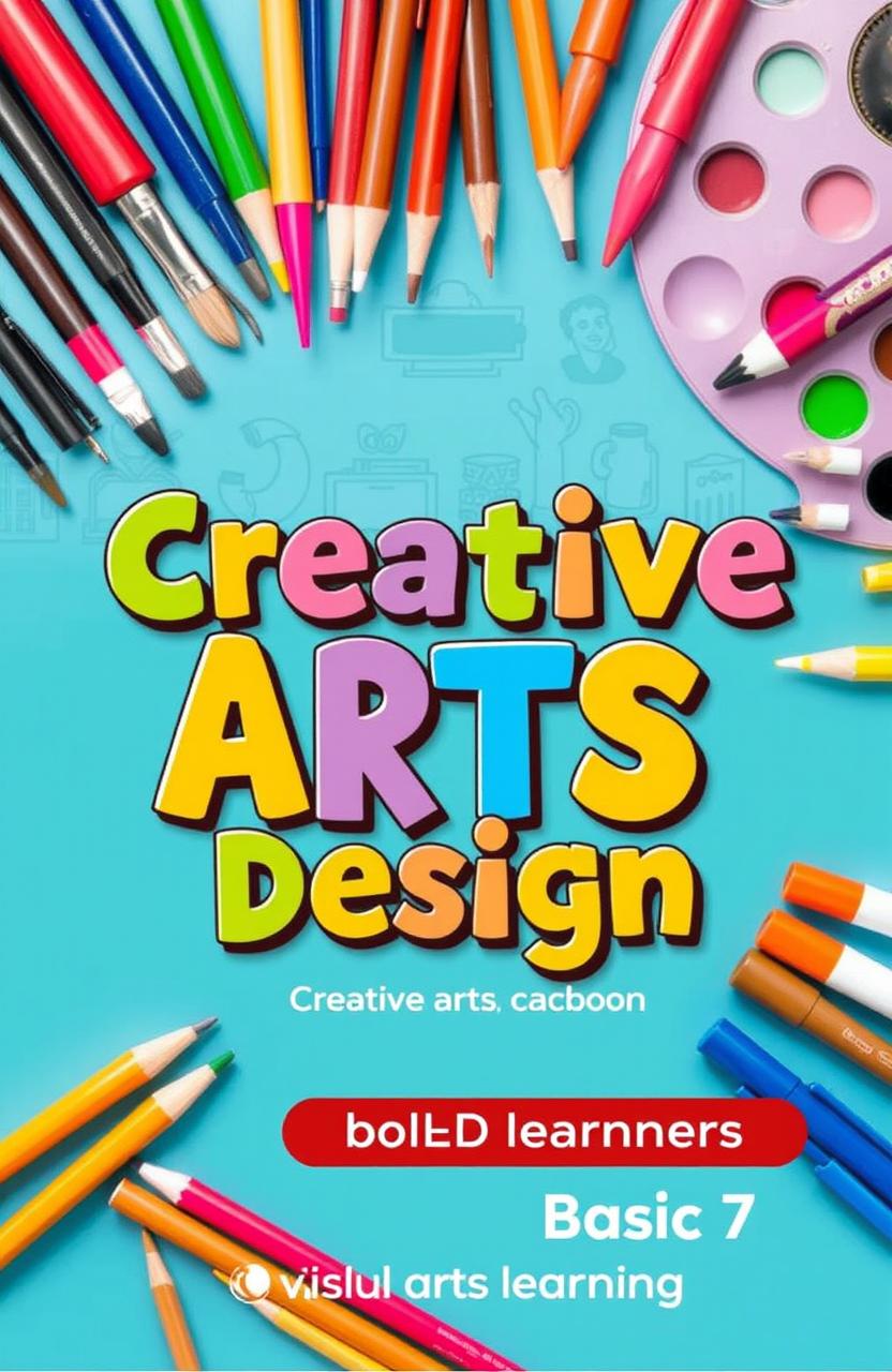 A vibrant and engaging cover design for a Creative Arts and Design textbook aimed at Basic 7 learners