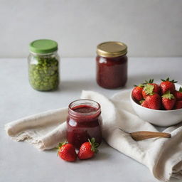 A scenic kitchen counter featuring a jar of strawberry jam, a bowl of pistachio cream, a kitchen cloth, and a few fresh strawberries placed artfully next to each other.