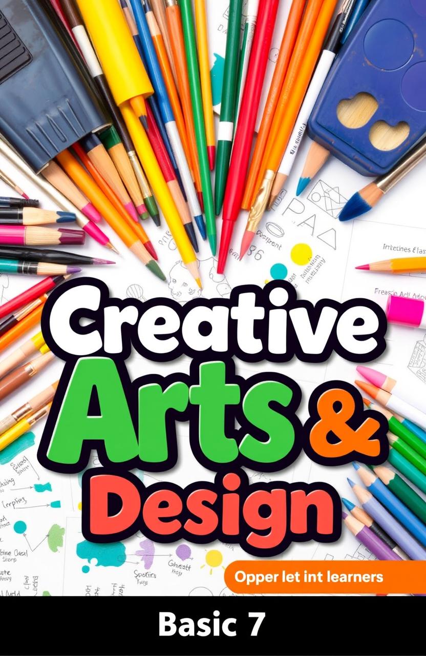 A vibrant and engaging cover design for a Creative Arts and Design textbook aimed at Basic 7 learners