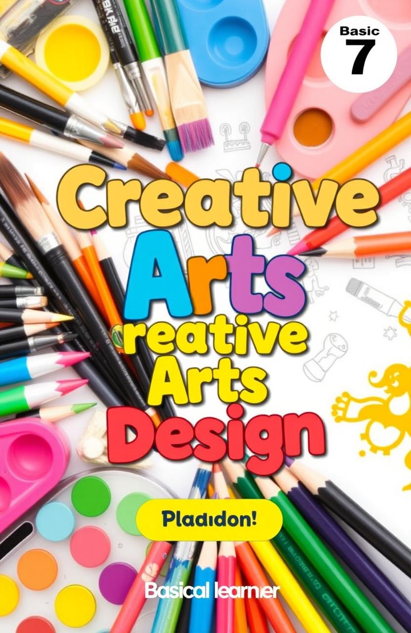 A vibrant and engaging cover design for a Creative Arts and Design textbook aimed at Basic 7 learners