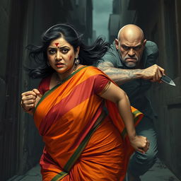 A dramatic and intense scene depicting a bruised and cut plump Indian female character in a vibrant saree, filled with fear as she runs urgently