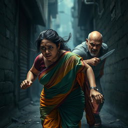 A dramatic and intense scene depicting a bruised and cut plump Indian female character in a vibrant saree, filled with fear as she runs urgently