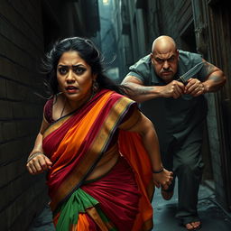 A dramatic and intense scene depicting a bruised and cut plump Indian female character in a vibrant saree, filled with fear as she runs urgently