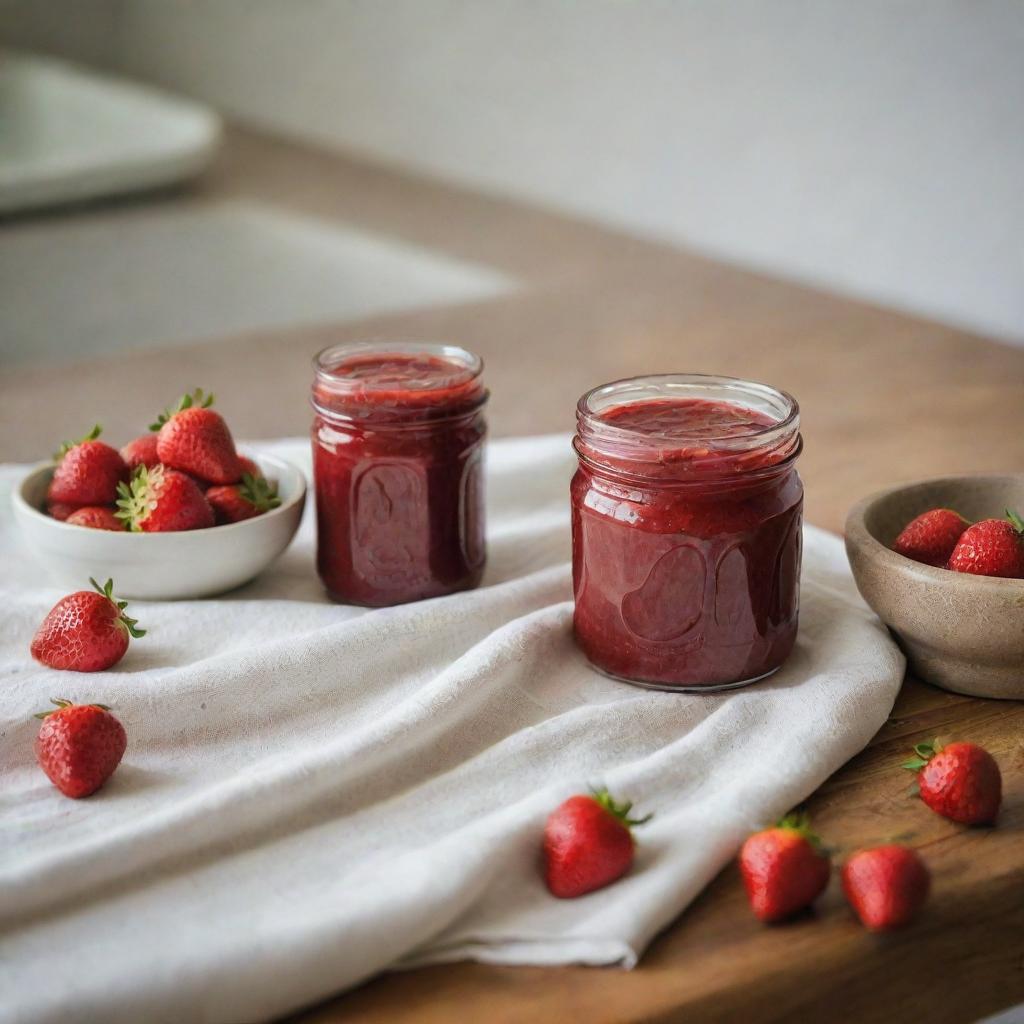 A scenic kitchen counter featuring a jar of strawberry jam, a bowl of pistachio cream, a kitchen cloth, and a few fresh strawberries placed artfully next to each other.