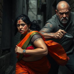 A dramatic and intense scene depicting a bruised and cut plump Indian female character in a vibrant saree, filled with fear as she runs urgently