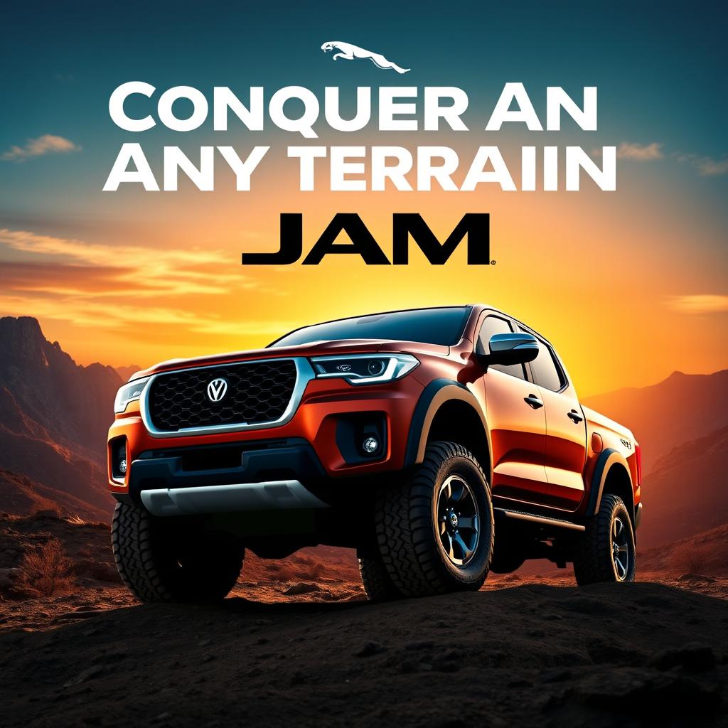 An eye-catching advertisement poster for the JAM Jaguar 4x4 truck, featuring the vehicle prominently in the foreground