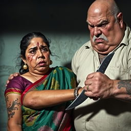 A tense and dramatic scene featuring a bruised and cut plump Indian female character in a colorful saree, who looks terrified as she is held tightly by an older, angry white Caucasian fat bald man