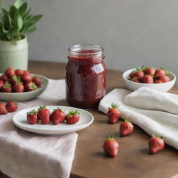 A scenic kitchen counter featuring a jar of strawberry jam, a bowl of pistachio cream, a kitchen cloth, and a few fresh strawberries placed artfully next to each other.