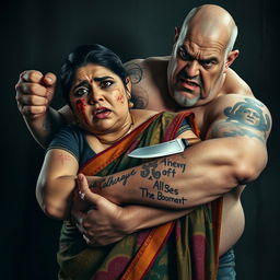 A tense and dramatic scene featuring a bruised and cut plump Indian female character in a colorful saree, who looks terrified as she is held tightly by an older, angry white Caucasian fat bald man