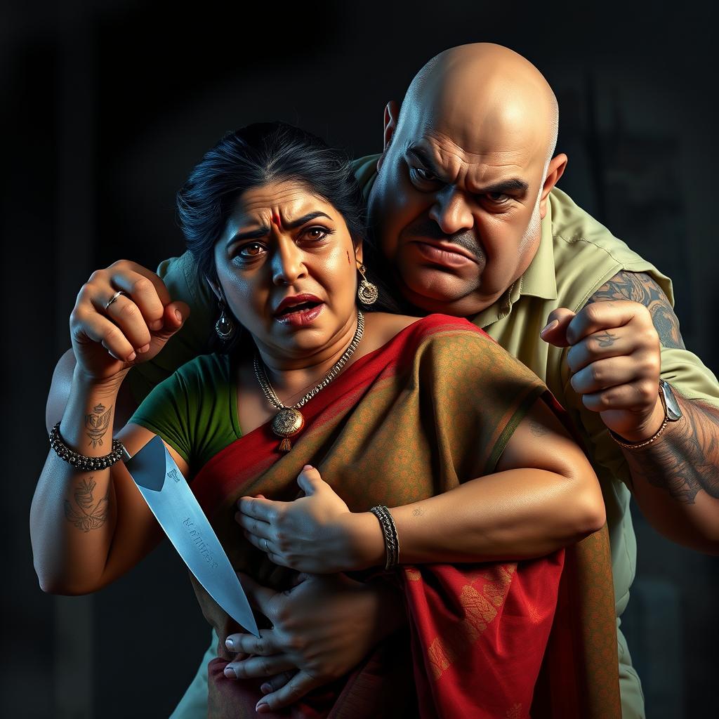 A tense and dramatic scene featuring a bruised and cut plump Indian female character in a colorful saree, who looks terrified as she is held tightly by an older, angry white Caucasian fat bald man