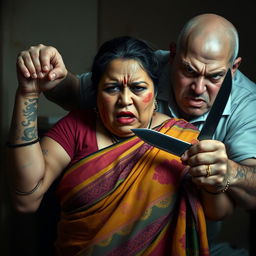 A tense and dramatic scene featuring a bruised and cut plump Indian female character in a colorful saree, who looks terrified as she is held tightly by an older, angry white Caucasian fat bald man