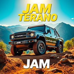 A vibrant and eye-catching poster featuring the JAM Terano 4x4 truck in a stunning outdoor setting