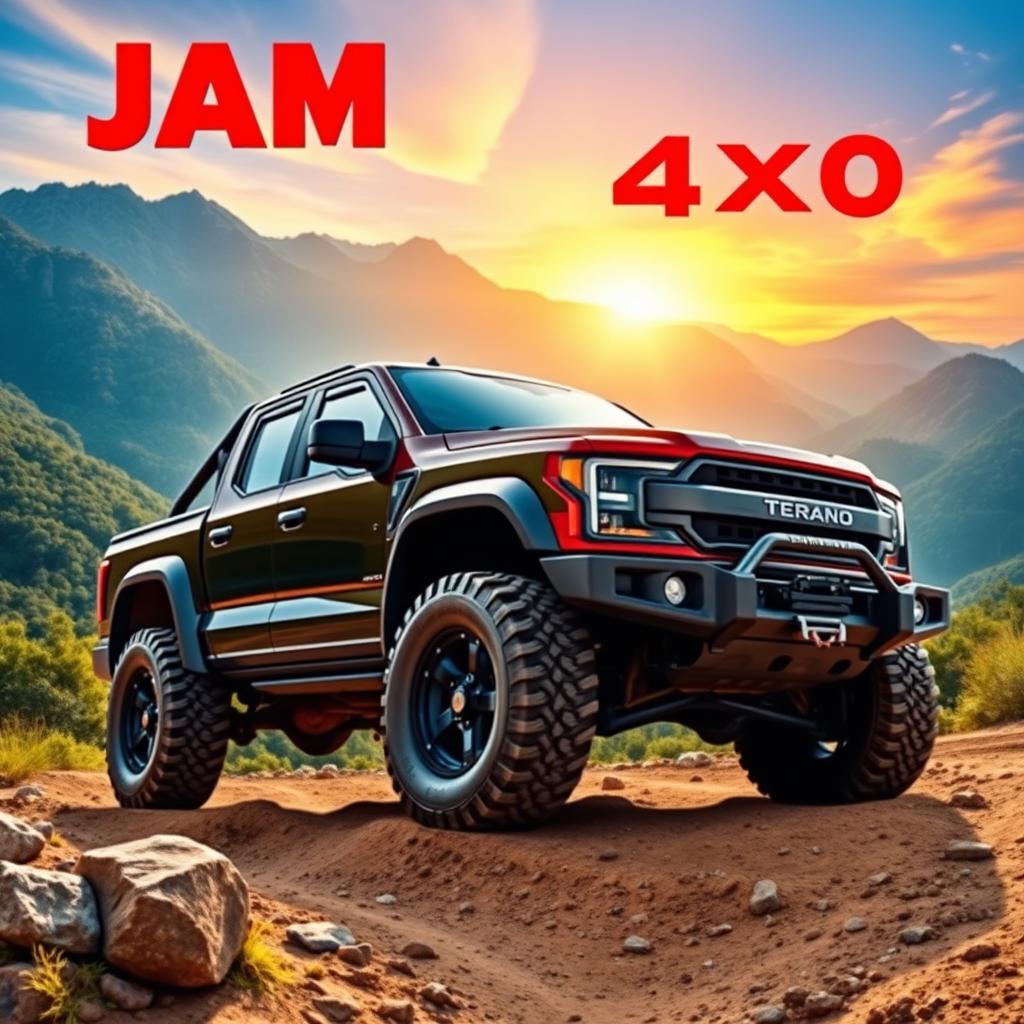 A vibrant and eye-catching poster featuring the JAM Terano 4x4 truck in a stunning outdoor setting