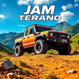 A vibrant and eye-catching poster featuring the JAM Terano 4x4 truck in a stunning outdoor setting