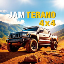 A vibrant and eye-catching poster featuring the JAM Terano 4x4 truck in a stunning outdoor setting