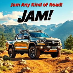 A vibrant and eye-catching poster featuring the JAM Terano 4x4 truck in a stunning outdoor setting