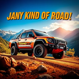 A vibrant and eye-catching poster featuring the JAM Terano 4x4 truck in a stunning outdoor setting