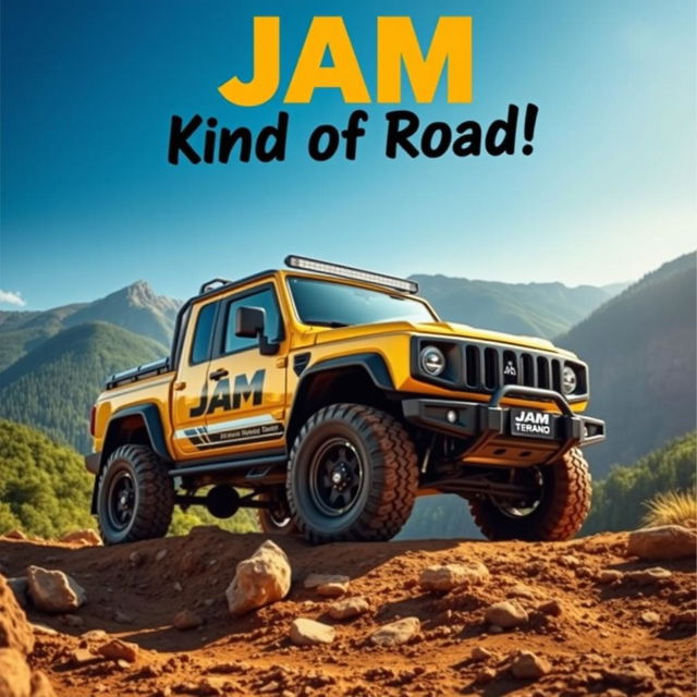 A vibrant and eye-catching poster featuring the JAM Terano 4x4 truck in a stunning outdoor setting